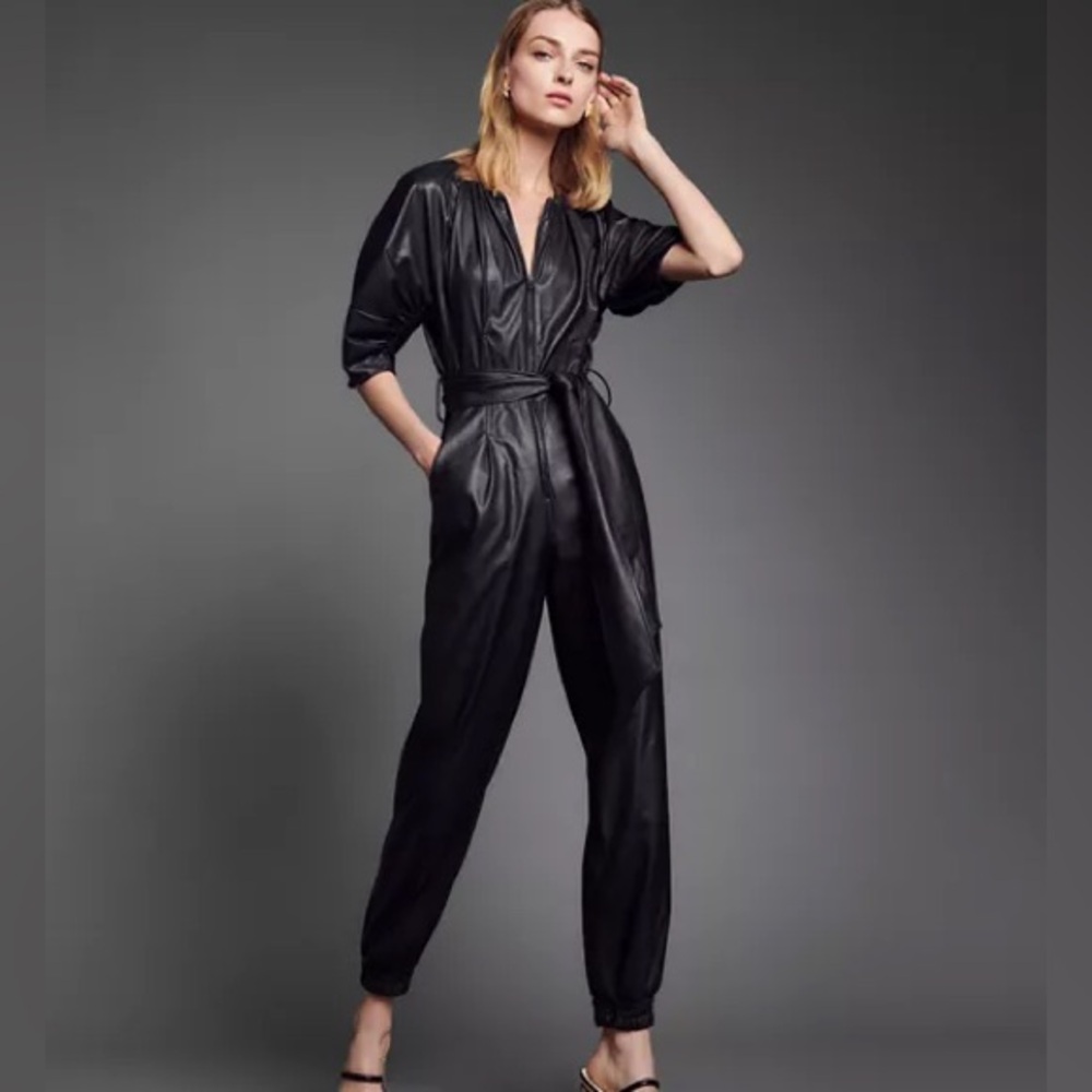 Rebecca Taylor Black Vegan Leather Jumpsuit size 6